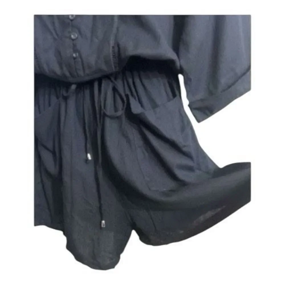 Black Linen Button Up Romper Plus Size 2X Tie Waist Short Sleeve Pockets Summer